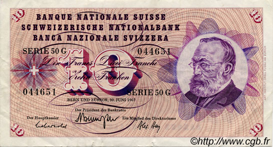 10 Francs SWITZERLAND  1967 P.45l VF+