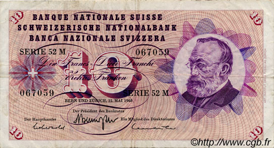 10 Francs SUISSE  1968 P.45m VF
