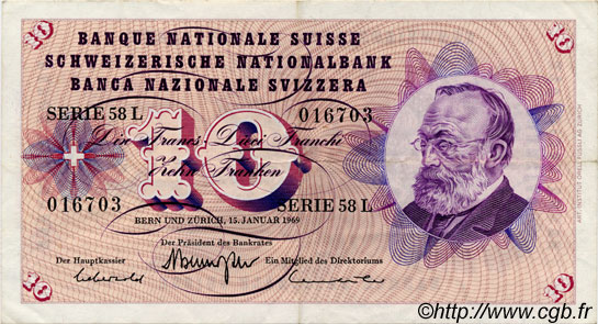10 Francs SUISSE  1969 P.45n TTB