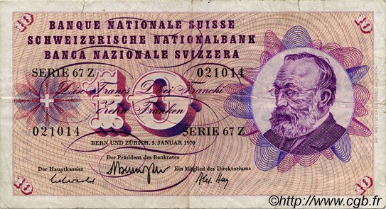 10 Francs SUISSE  1970 P.45o MB