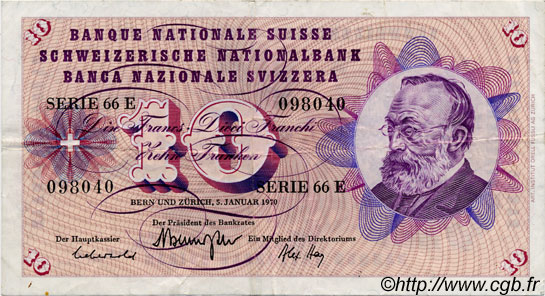 10 Francs SWITZERLAND  1970 P.45o VF