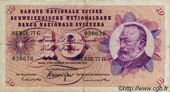 10 Francs SWITZERLAND  1972 P.45q F