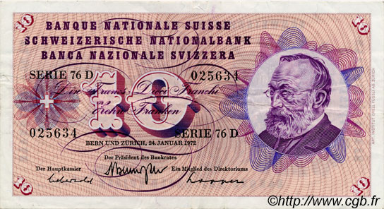 10 Francs SWITZERLAND  1972 P.45q VF
