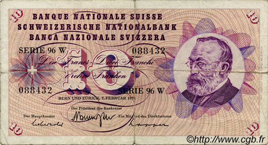 10 Francs SWITZERLAND  1974 P.45t F-