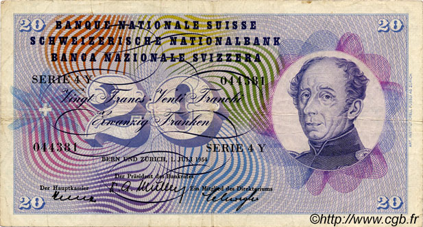 20 Francs SWITZERLAND  1954 P.46a VF