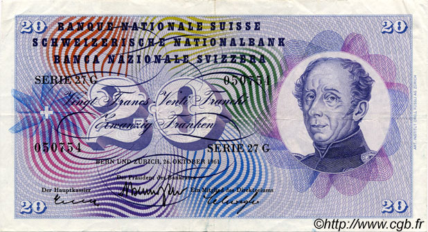 20 Francs SUISSE  1961 P.46i BB