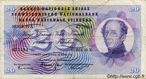 20 Francs SUISSE  1963 P.46j F+