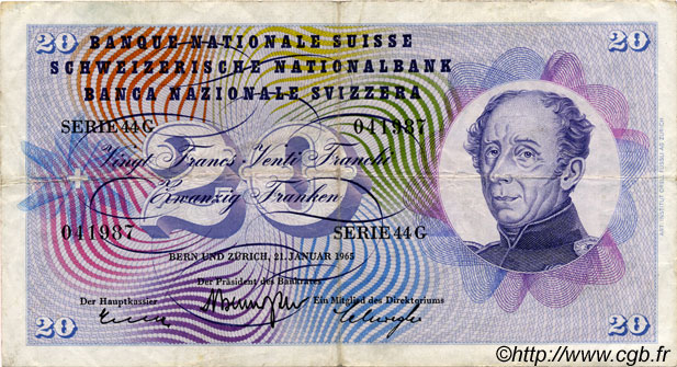 20 Francs SWITZERLAND  1965 P.46l VF-