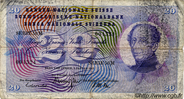 20 Francs SWITZERLAND  1967 P.46n G