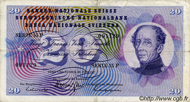 20 Francs SWITZERLAND  1967 P.46o VF