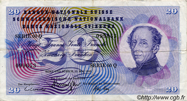 20 Francs SUISSE  1968 P.46p TTB