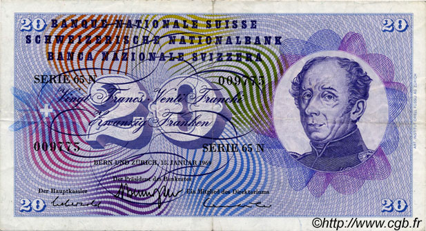 20 Francs SUISSE  1969 P.46q VF