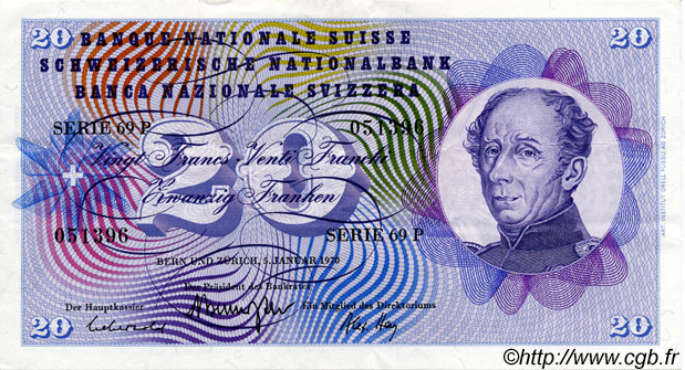 20 Francs SWITZERLAND  1970 P.46r VF+