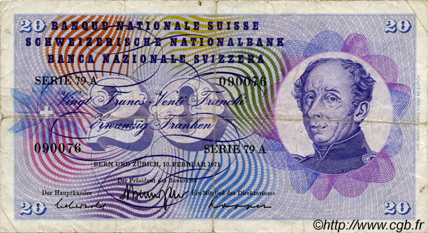 20 Francs SWITZERLAND  1971 P.46s F