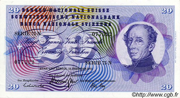 20 Francs SWITZERLAND  1971 P.46s AU
