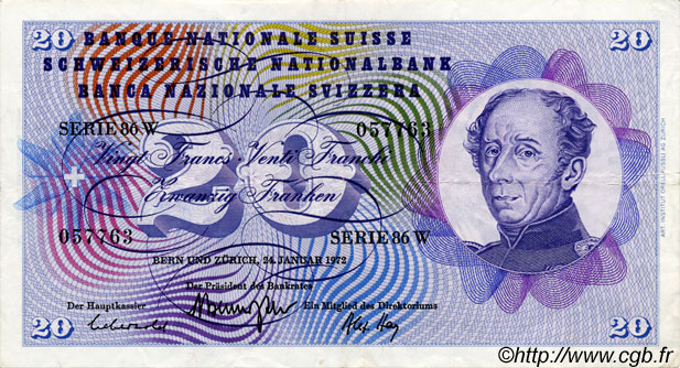 20 Francs SWITZERLAND  1972 P.46t VF+