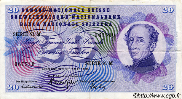 20 Francs SWITZERLAND  1973 P.46u VF