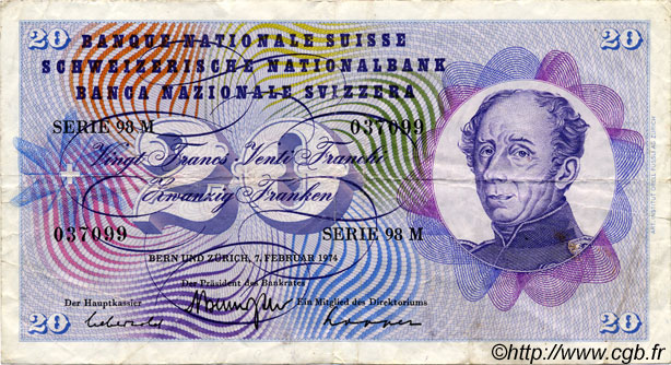 20 Francs SUISSE  1974 P.46v fSS
