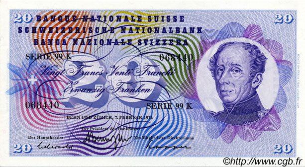 20 Francs SUISSE  1974 P.46v UNC