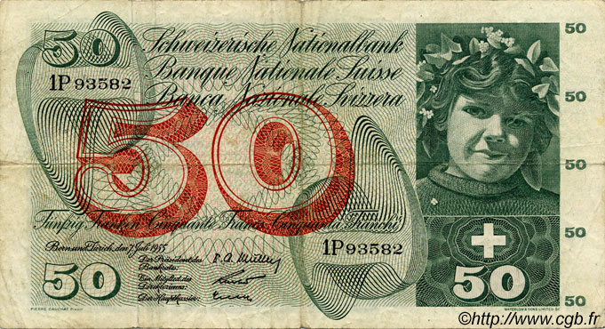 50 Francs SUISSE  1955 P.47a q.BB