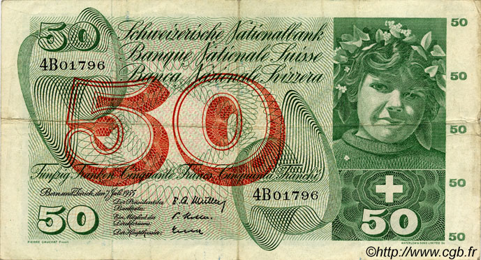 50 Francs SWITZERLAND  1955 P.47a VF