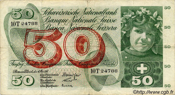 50 Francs SWITZERLAND  1961 P.48a VF-
