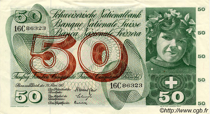 50 Francs SWITZERLAND  1963 P.48c XF - AU