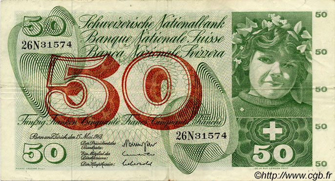50 Francs SUISSE  1968 P.48h VF