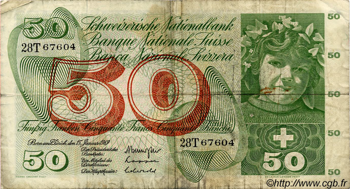 50 Francs SUISSE  1969 P.48i q.MB