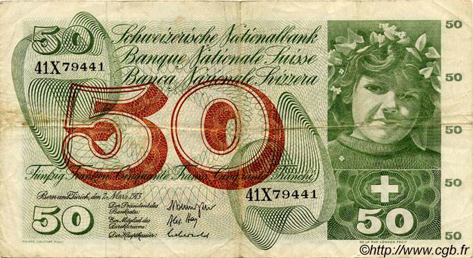 50 Francs SWITZERLAND  1973 P.48m F+