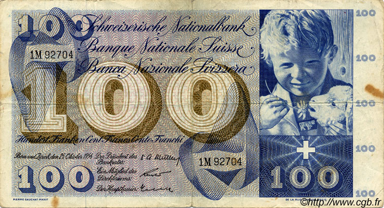100 Francs SUISSE  1956 P.49a fSS