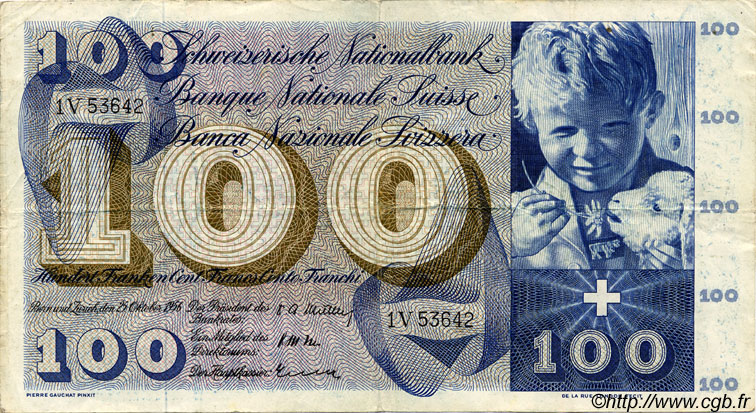 100 Francs SUISSE  1956 P.49a MBC