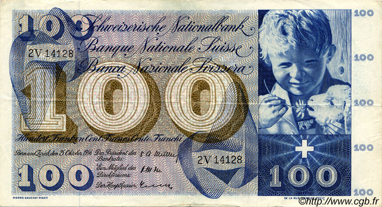 100 Francs SUISSE  1956 P.49a fVZ