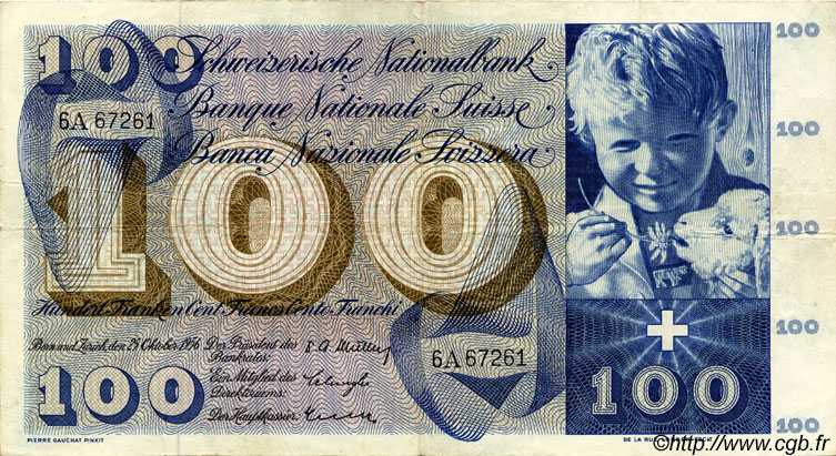 100 Francs SWITZERLAND  1956 P.49a VF