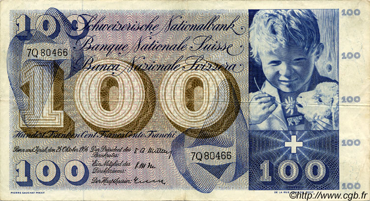 100 Francs SWITZERLAND  1956 P.49a VF