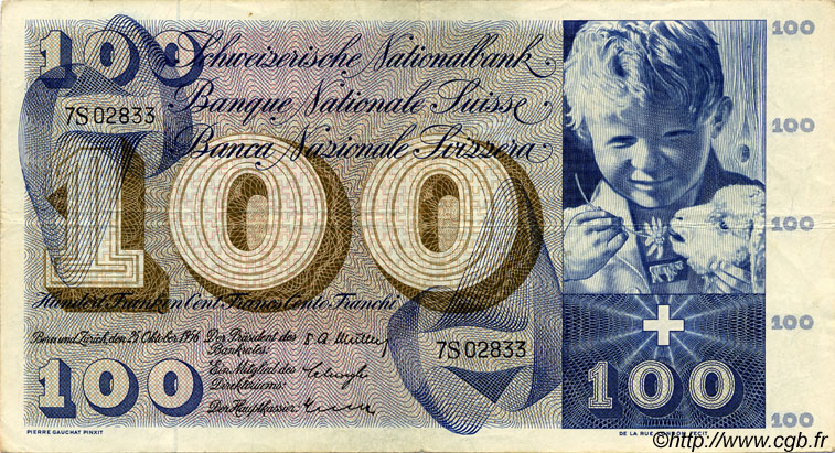 100 Francs SUISSE  1956 P.49a SS