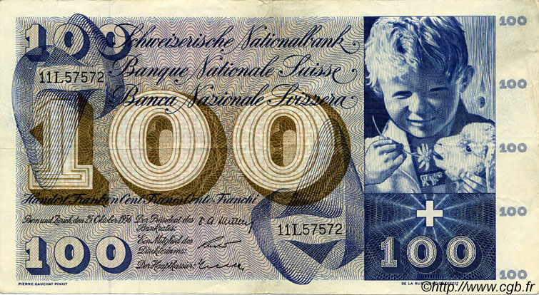 100 Francs SUISSE  1956 P.49a BB
