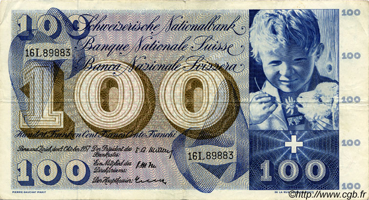 100 Francs SUISSE  1957 P.49b VF