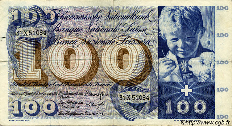100 Francs SWITZERLAND  1961 P.49d VF