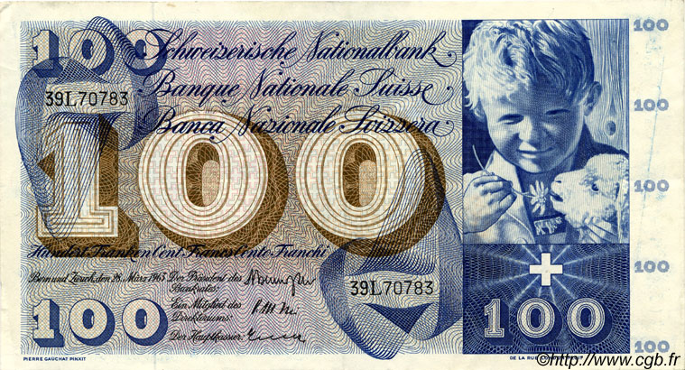 100 Francs SUISSE  1963 P.49e SS