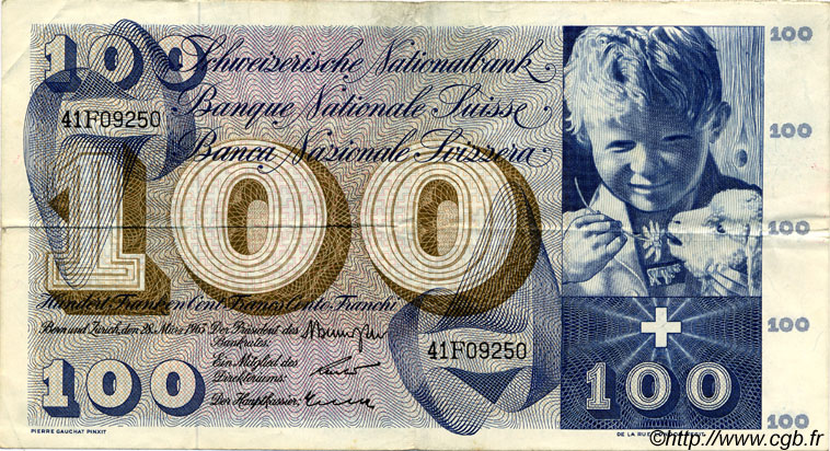 100 Francs SWITZERLAND  1963 P.49e VF
