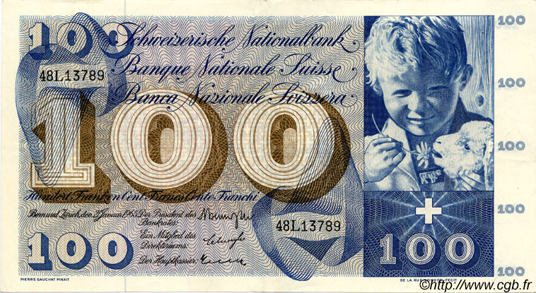 100 Francs SWITZERLAND  1965 P.49g XF+