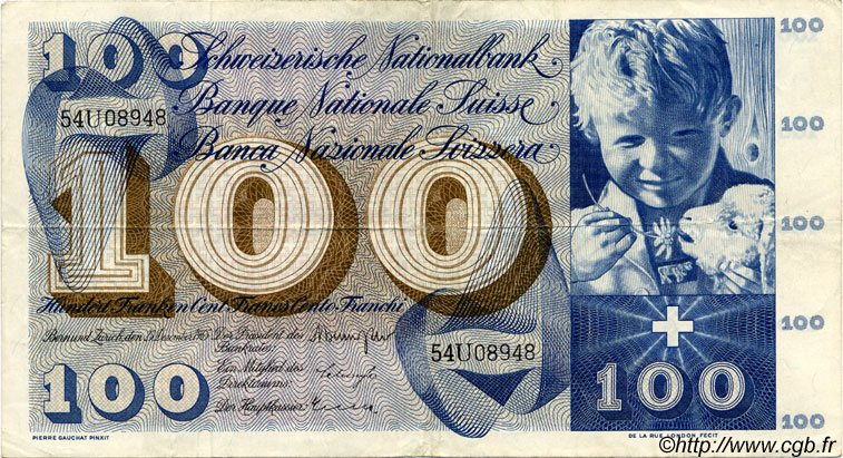 100 Francs SUISSE  1965 P.49h BB