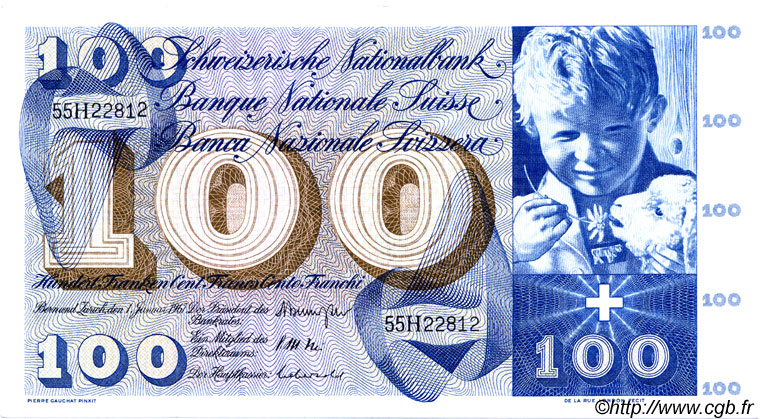 100 Francs SUISSE  1967 P.49i fVZ to VZ