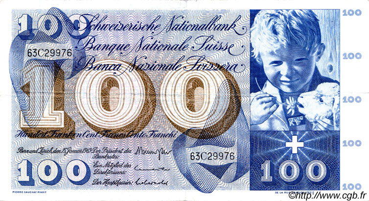 100 Francs SUISSE  1969 P.49k MBC