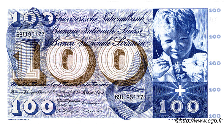 100 Francs SWITZERLAND  1970 P.49l VF+