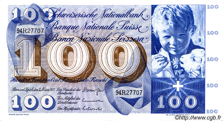 100 Francs SUISSE  1973 P.49o VF+