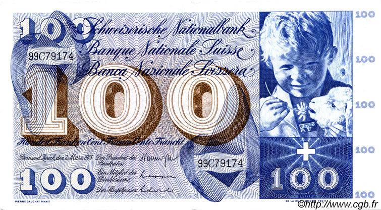 100 Francs SUISSE  1973 P.49o VF