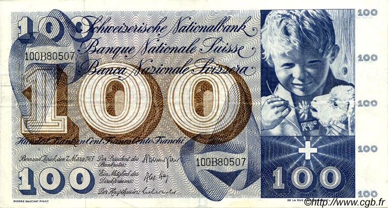 100 Francs SWITZERLAND  1973 P.49o VF