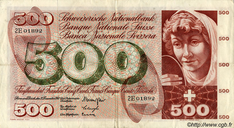 500 Francs SWITZERLAND  1961 P.51a VF